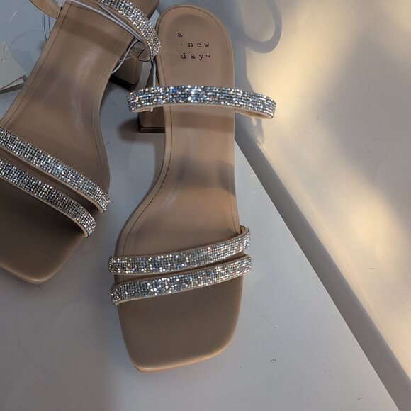 A New Day Women's Chunky Block High Heel Slip On Sandals Leather Silver - Picture 2 of 7